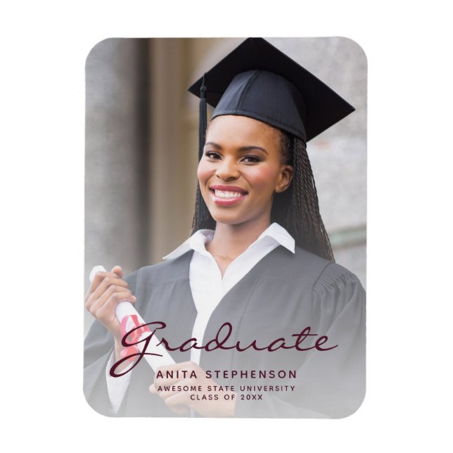 Imán Foto Invitación de graduación de guión de Borgoña (Vertical)