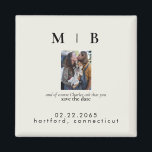 Imán Foto mascota Monograma Crema Guardar Boda de fecha<br><div class="desc">Sencillo y negro brillante con monograma crema Guardar la fecha. Boda. Nombres primero y último. Pareja con foto mascota. Mascota incluido en la invitación. Imán.</div>