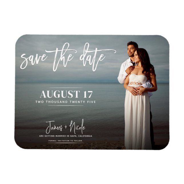 Imán Foto moderna de guión Save the Date Boda (Horizontal)