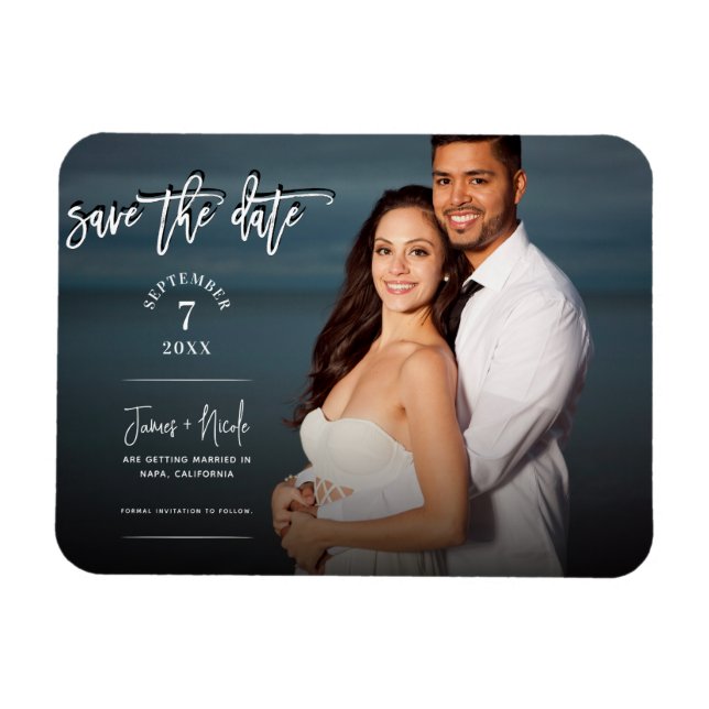 Imán Foto moderna de guión Save the Date Boda (Horizontal)