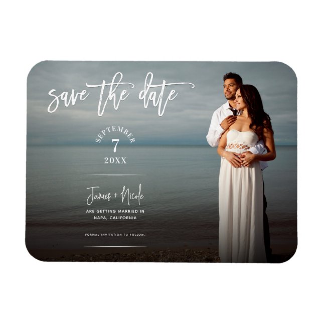 Imán Foto moderna de guión Save the Date Boda (Horizontal)
