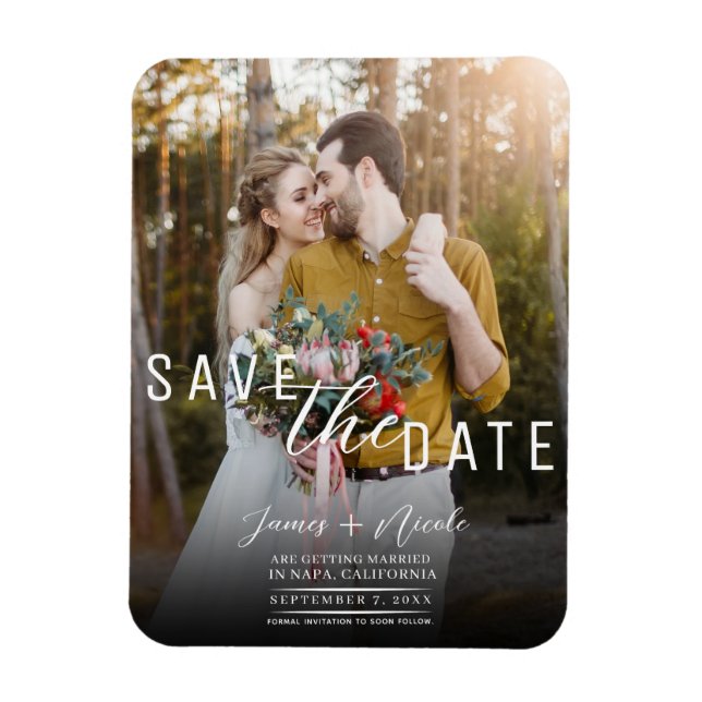 Imán Foto moderna de Moody Overlay Save the Date Boda (Vertical)