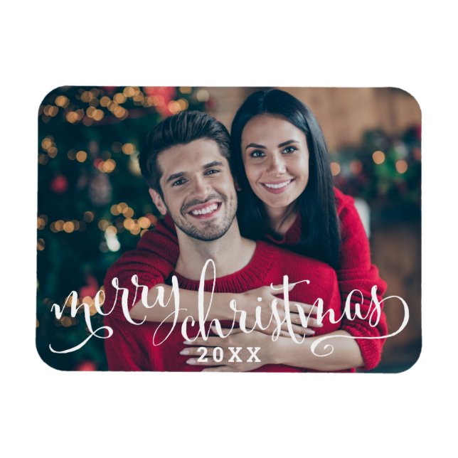 Imán Foto moderna de Navidad con letra blanca (Horizontal)