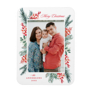Imán Foto navideña Holly and Evergreen Merry