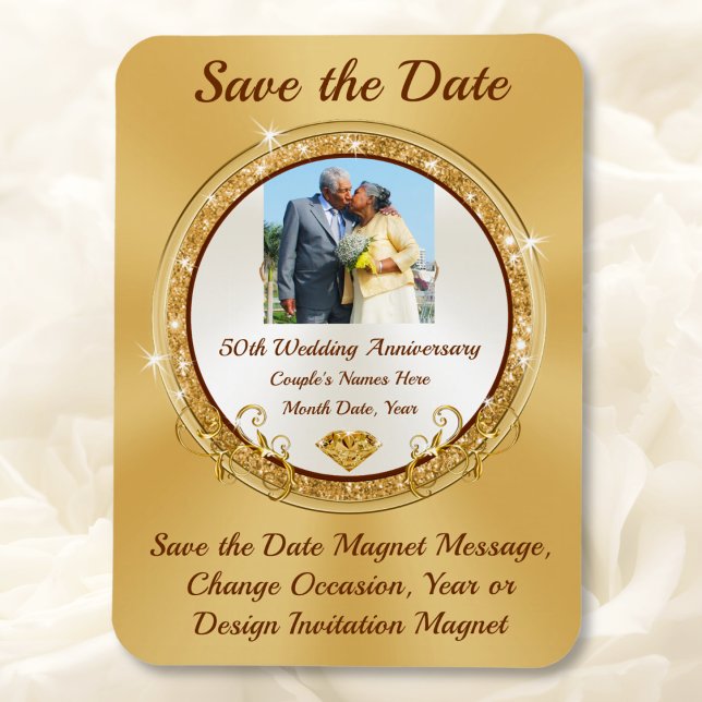 Imán Foto personalizada, 50 años, salva la fecha (Golden wedding anniversary ideas. 50th anniversary save the date magnets. Save the Date with Picture)
