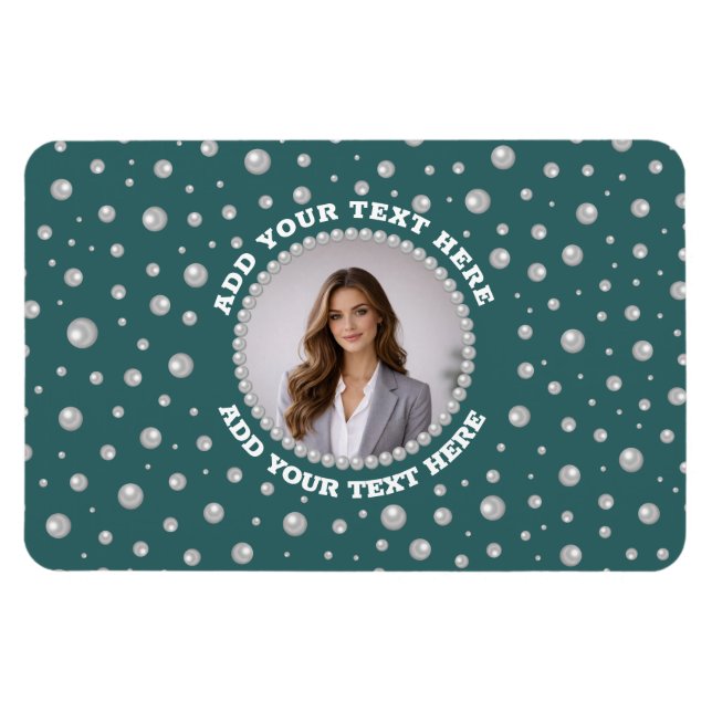 Imán Foto personalizada con círculo de perlas sobre azu (Horizontal)