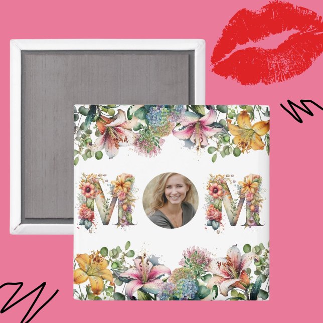 Imán Foto personalizada de la flor del Día de la Madre  (Personalised MOM Mothers Day flower Photo Magnet)
