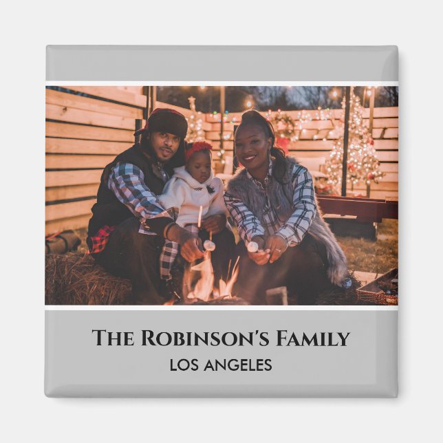 Imán Foto personalizada en marco gris con texto (Frente)