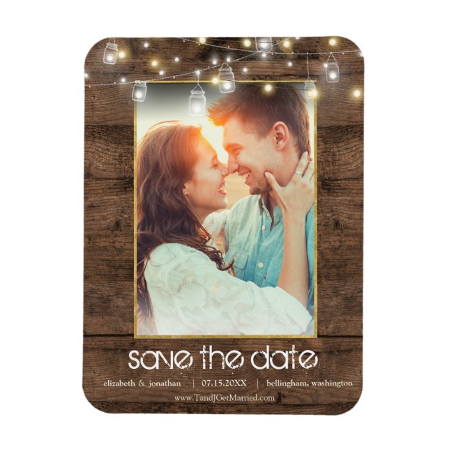 Imán Foto Rustic Mason Jar String Lights Save The Date (Vertical)