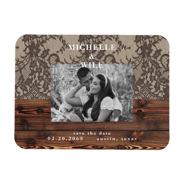 Imán Foto Rustic Wood & Lace Save the Date Magnet (Horizontal)