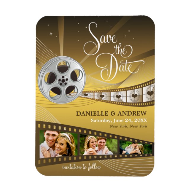 Imán Foto única de Boda de Reel Gold Movie Save the Dat (Vertical)