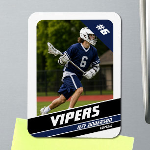 Imán Foto vigorosa de jugador de lacrosse azul y blanco