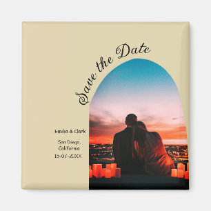 Imán fotografía de arco beige boho salva la fecha QR mo