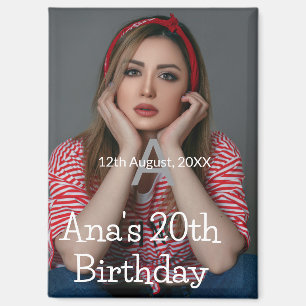 Imán Fotografía monograma feliz 20 cumpleaños gris blan