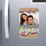 Imán Fotografía personalizada Monograma colorida modern<br><div class="desc">Este moderno diseño floral brillante y colorido presenta su foto y monograma favoritos rodeados de estampados florales,  estriberes y tableros de ajedrez.</div>