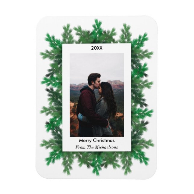 Imán fotográfico de ramas de árbol de Navidad (Vertical)