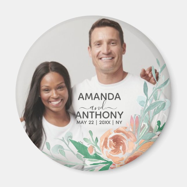 Imán fotográfico personalizado y texto con flores (Frente)