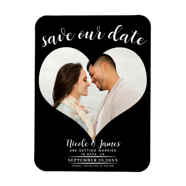 Imán Fotos de Corazón Negro de Boda Save the Date (Vertical)