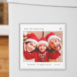 Imán Fotos de la familia Feliz Navidad minimalistas mod<br><div class="desc">Tipografía mínima simple Feliz Navidad imán festivo con foto personalizado,  nombre de familia y año.</div>