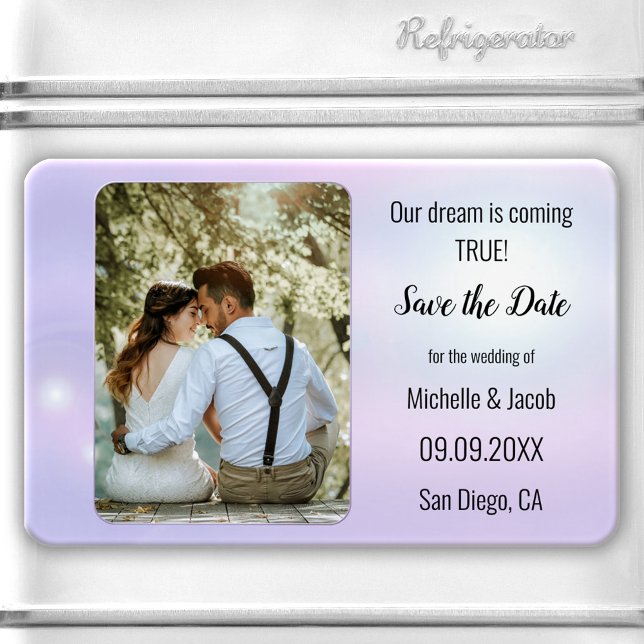 Imán Fotos de Luces Azules Lila Soñadoras para Guardar  (Save the Date magnet featuring your own photo framed by a romantic dreamy lilac blue lights design.)