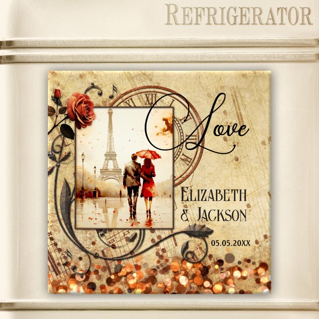 Imán Fotos musicales: Magnet del aniversario de la boda (Magnet featuring your own photo (optional) framed by a vintage scrapbook design with a music theme)