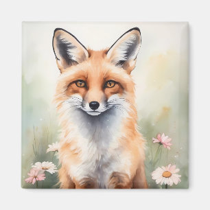 Imán Fox de pintura de color de agua con flores de marg