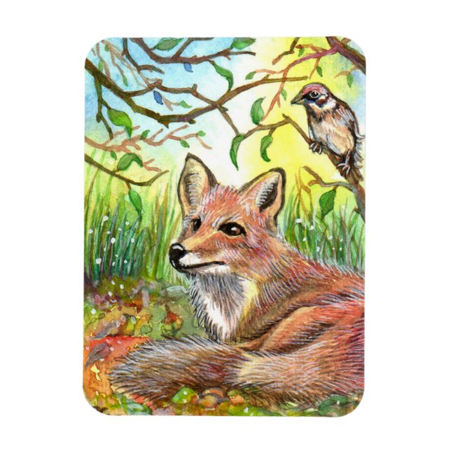 Imán Fox Resting With Sparrow (Vertical)