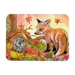 Imán Fox y Ferret en hojas de otoño