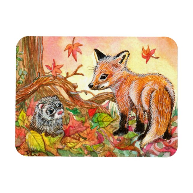 Imán Fox y Ferret en hojas de otoño (Horizontal)