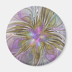 Imán Fractal floral colorido con rosado y oro
