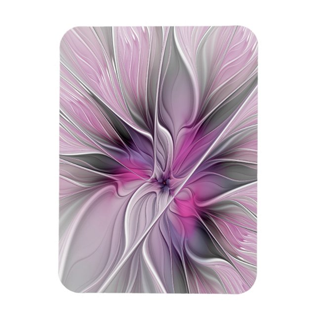 Imán Fractal floral moderno abstracto flor rosa gris (Vertical)