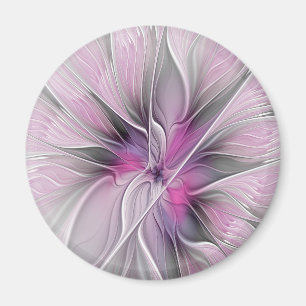 Imán Fractal floral moderno abstracto flor rosa gris