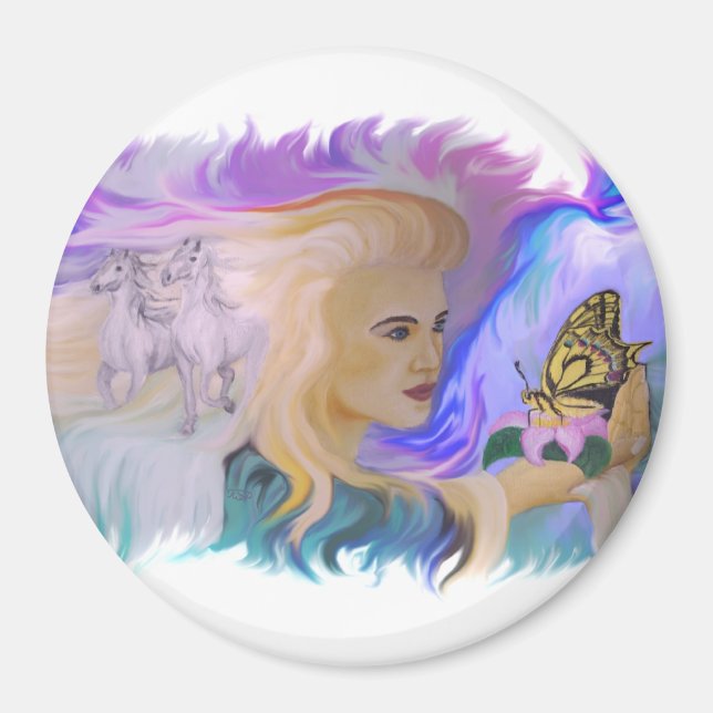 Imán Frau mit Pferd und Schmetterling en mano (Frente)