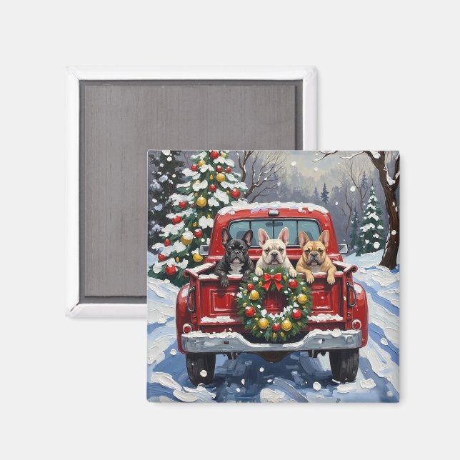 Imán French Bulldog Christmas Red Truck Holiday (Anverso/Reverso)