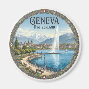 Imán Frente al lago de Ginebra y Jet d'Eau Suiza