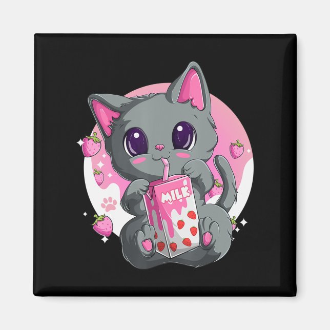 Imán Fresa Leche Para Mujeres Chicas Kawaii Anime Cat (Frente)