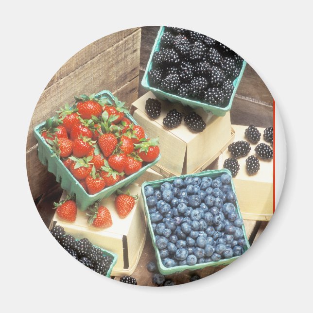 Imán Fresco recolectado Fresas Fresas Fresas Flora Azul (Frente)