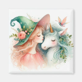 Imán Fridge Magic Decor Witch Unicorn Watercolor Art