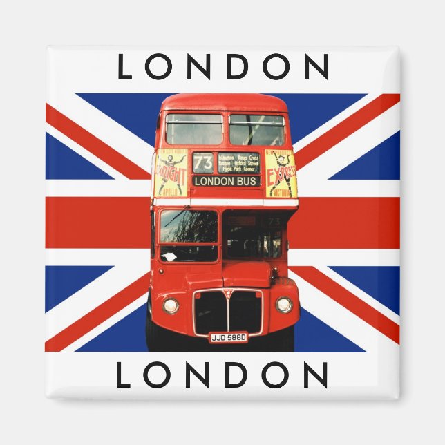 Imán Fridge Magnet w. Autobús de Londres y bandera brit (Frente)