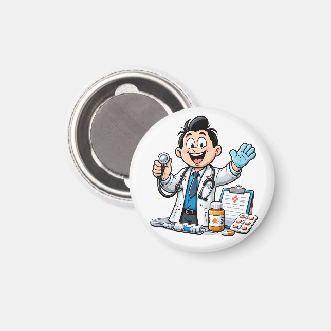 Imán Friendly Doctor Mascot Medical Cartoon Design (Anverso/Reverso)