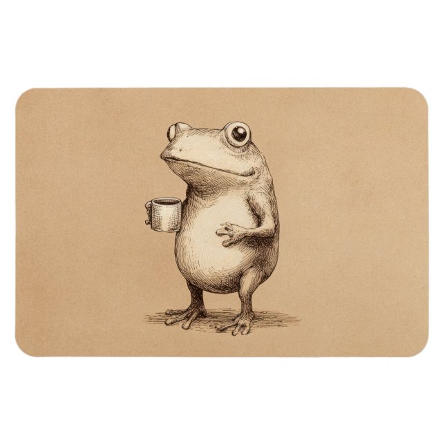 Imán Frog with Coffee – Whimsical Vintage Animal (Horizontal)