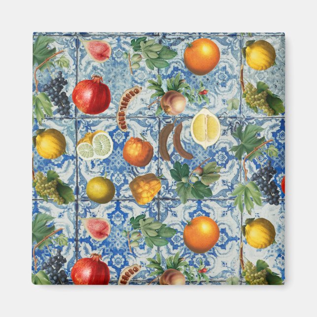 Imán Fruta mediterránea de verano y mosaico blanco azul (Frente)