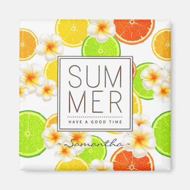 Imán Frutas de verano frescas y flores de plumería exót (Frente)