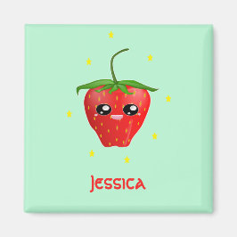 Imán Fruto de fresa monograma kawaii en turquesa