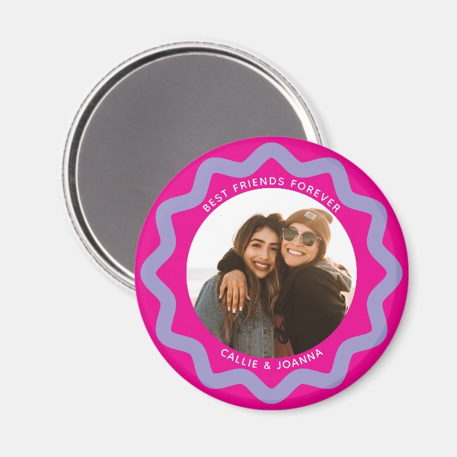 Imán Fuchsia Lilac Wavy Circle Photo Frame with Text (Anverso/Reverso)
