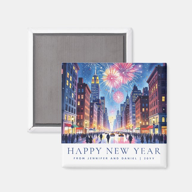 Imán Fuegos artificiales de Año Nuevo Feliz personaliza (Anverso/Reverso)