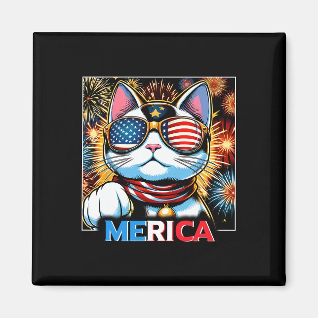 Imán Fuegos artificiales Patriótico Maneki Neko Cat Mer (Frente)