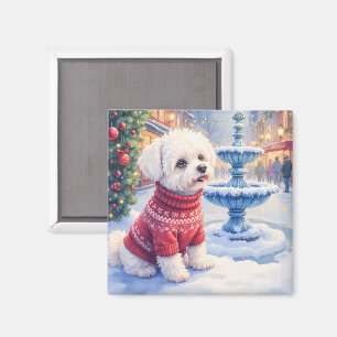 Imán Fuente Festiva de Bichon Frise con Acuarela Navida