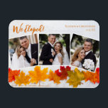 Imán Fuimos electos de la foto de Invitación de Boda de<br><div class="desc">Este hermoso imán de fotos de la invitación boda del día de Acción de Gracias presenta un elegante collage de 3 fotografías bajo las palabras naranjas We Eloped. Esta fotografía de hoja de otoño con madera blanca a la moda detrás de las hojas es una tarjeta magnética de vacaciones de...</div>