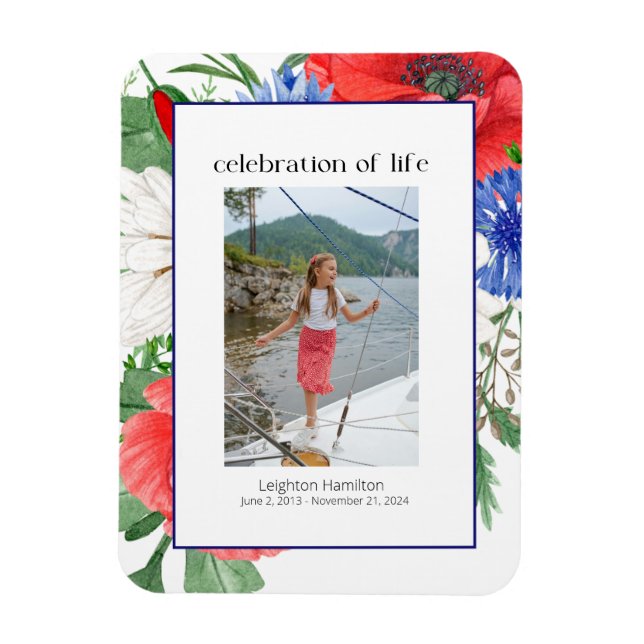 Imán Funeral del Collage de fotos Florals Rojo Azul (Vertical)